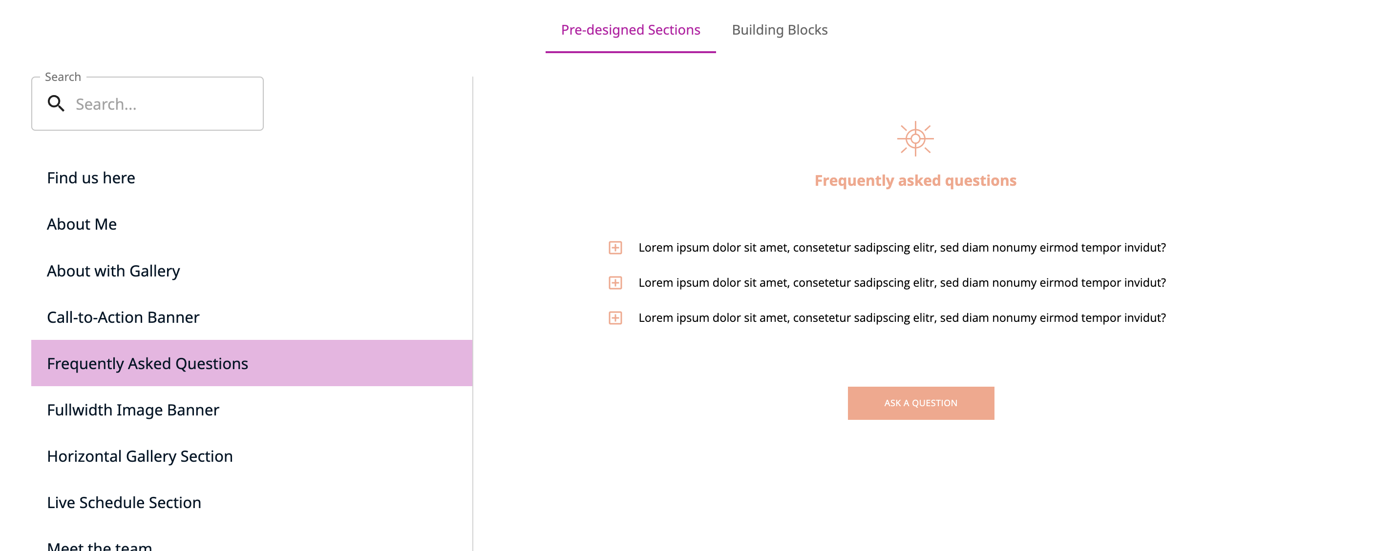 Pre designed page sections offeringtree support