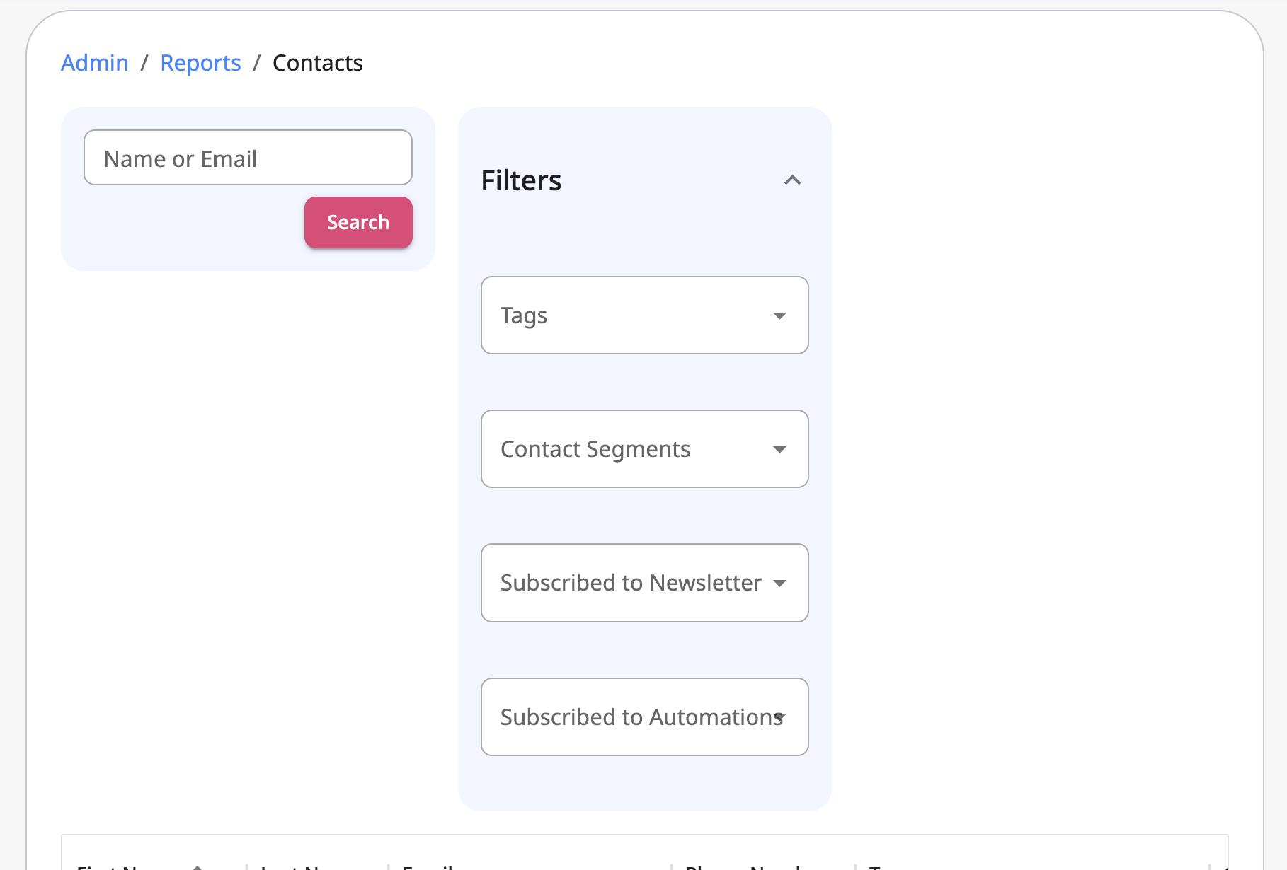 Contacts Report Filters