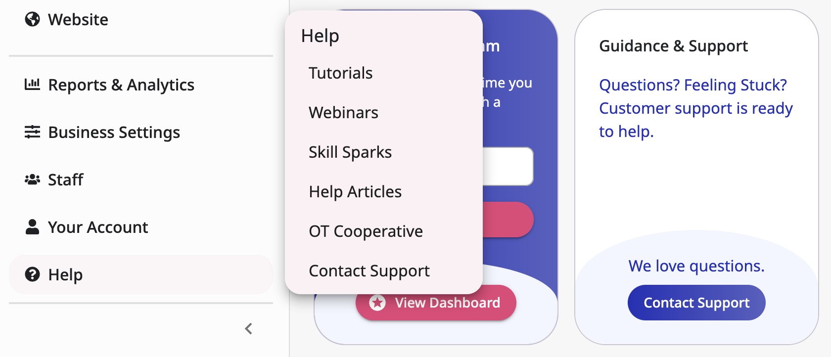 Finding Help within the Dashboard Menu